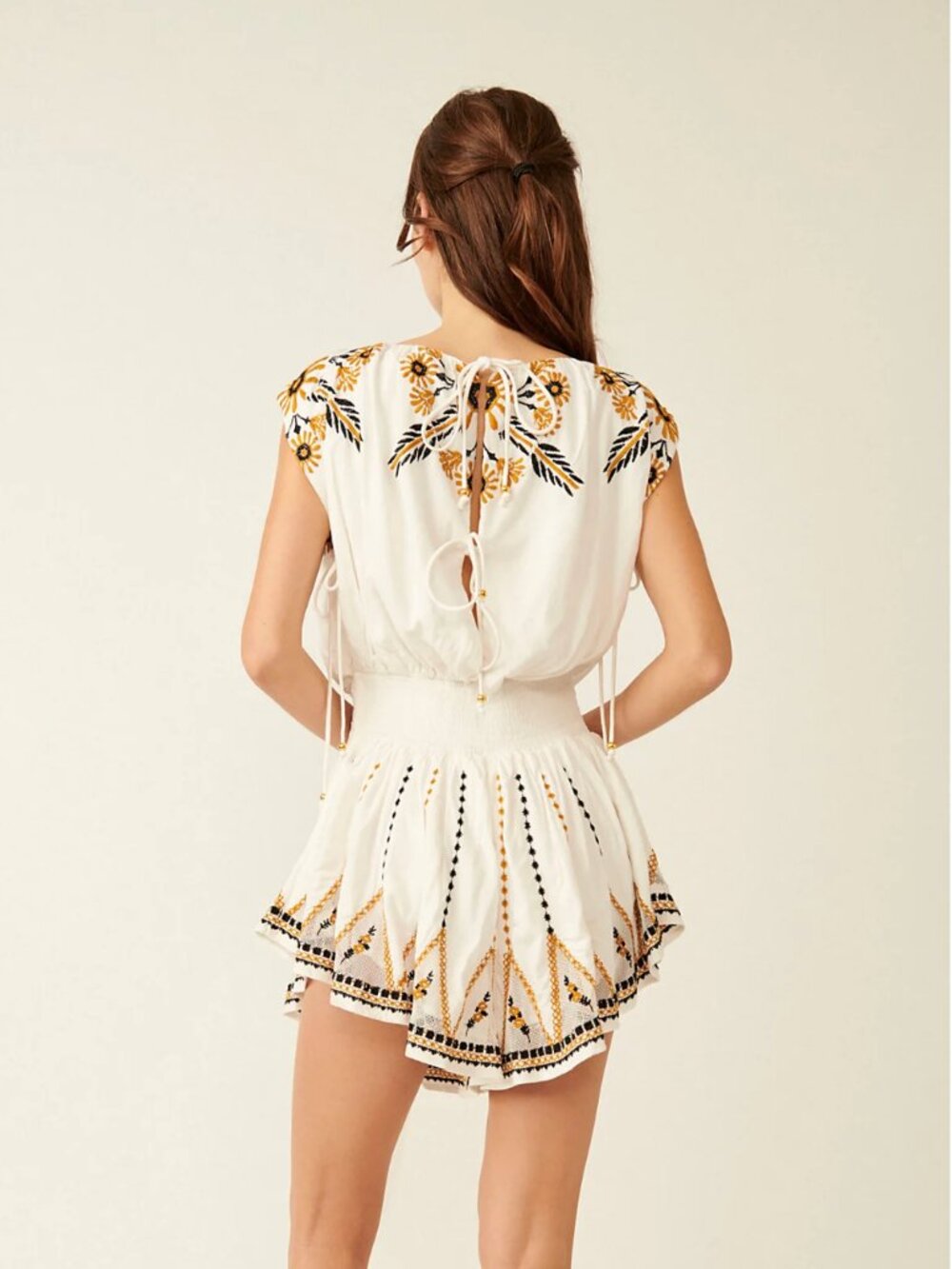 Free People Catalina Embroidered Romper XS Ivory Floral Smocked Waist - Picture 3 of 4